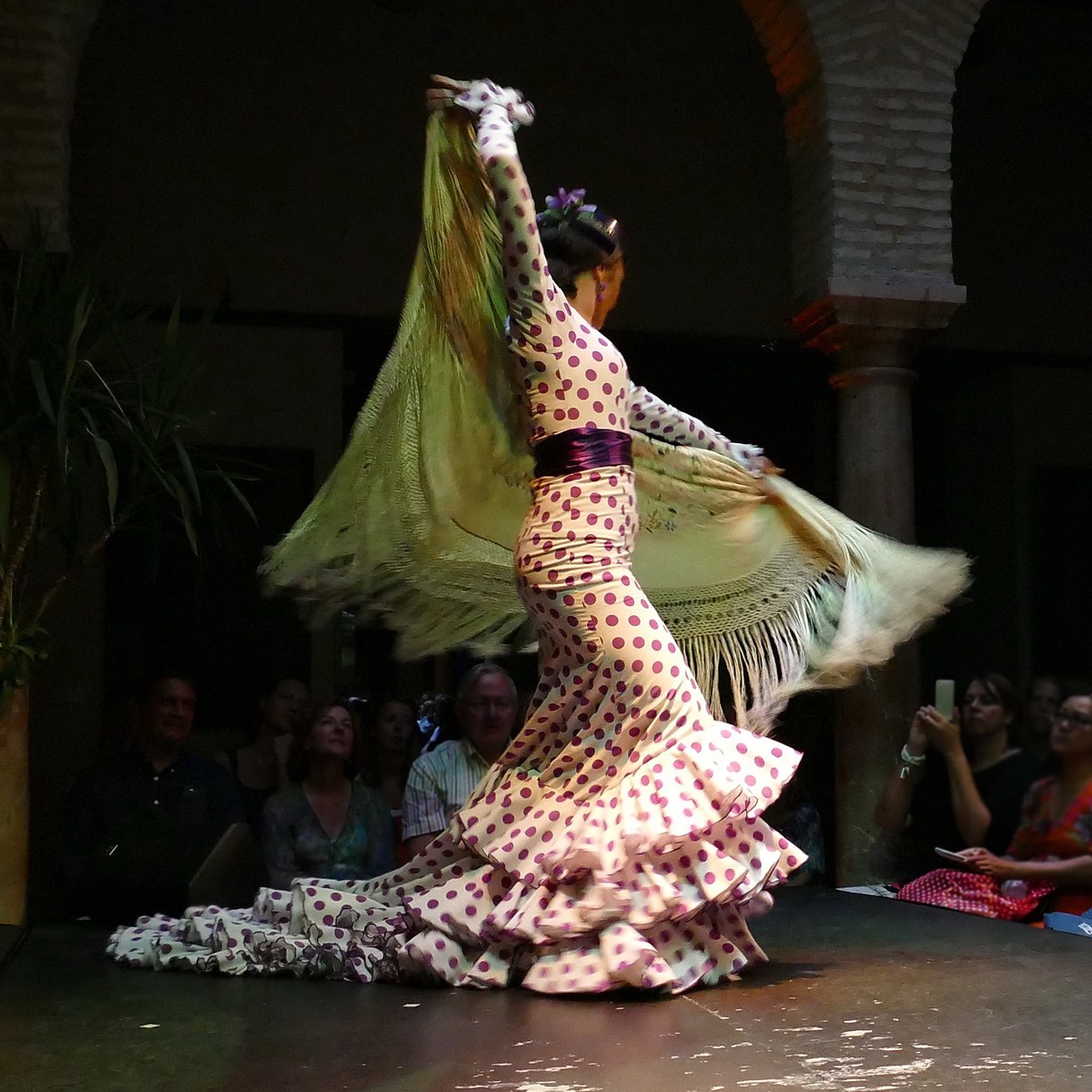 Traje de gitana y flamenca tradicional con volantes y mantón en Almería